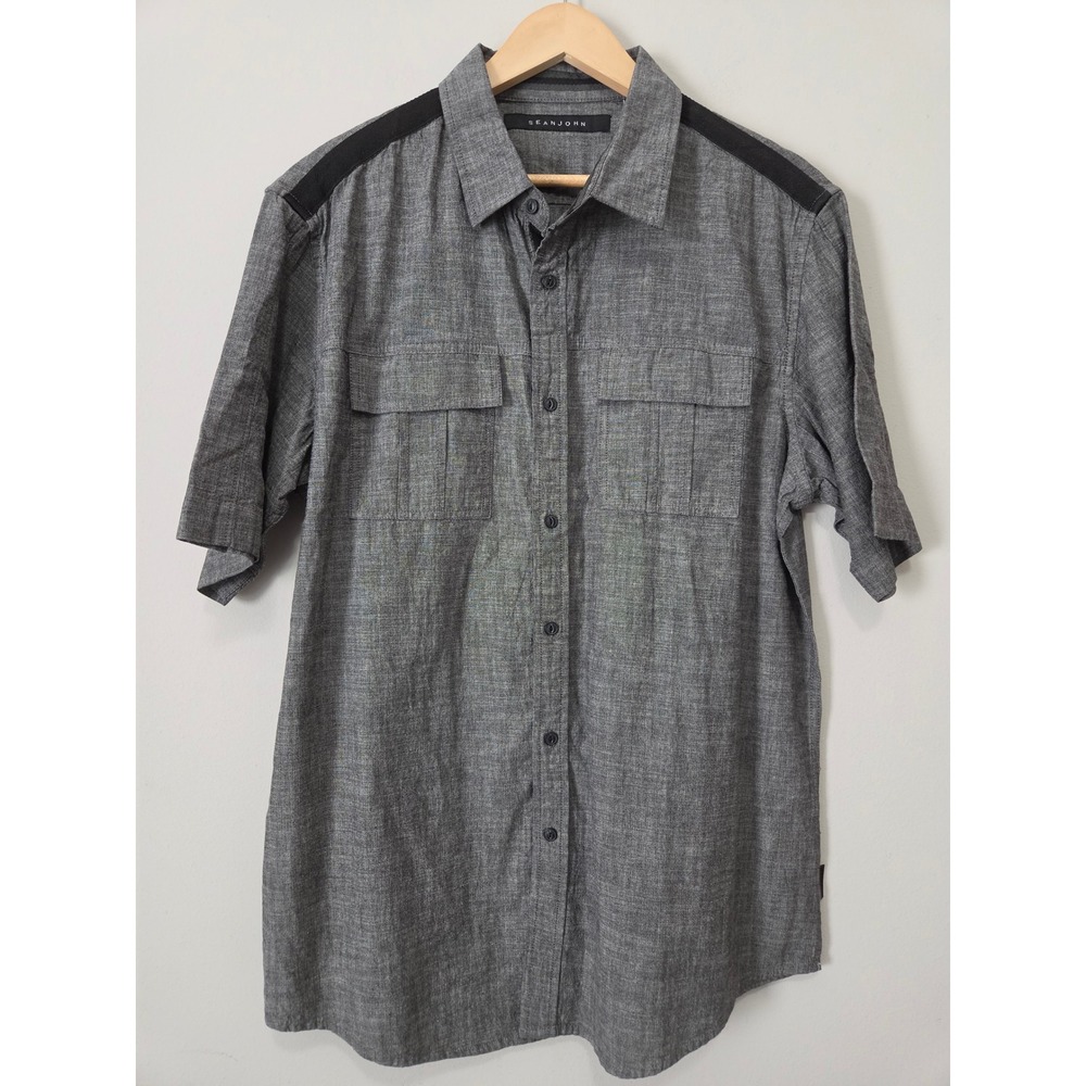 Sean John Mens Gray Short Sleeve Button Down Shirt XL Cotton Dual Pocket Casual